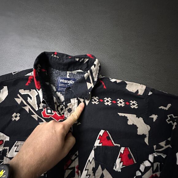 Vintage Wrangler Shirt Mens Large Black Aztec Western Cowboy Cut Y2k Long Tail - Picture 5 of 10